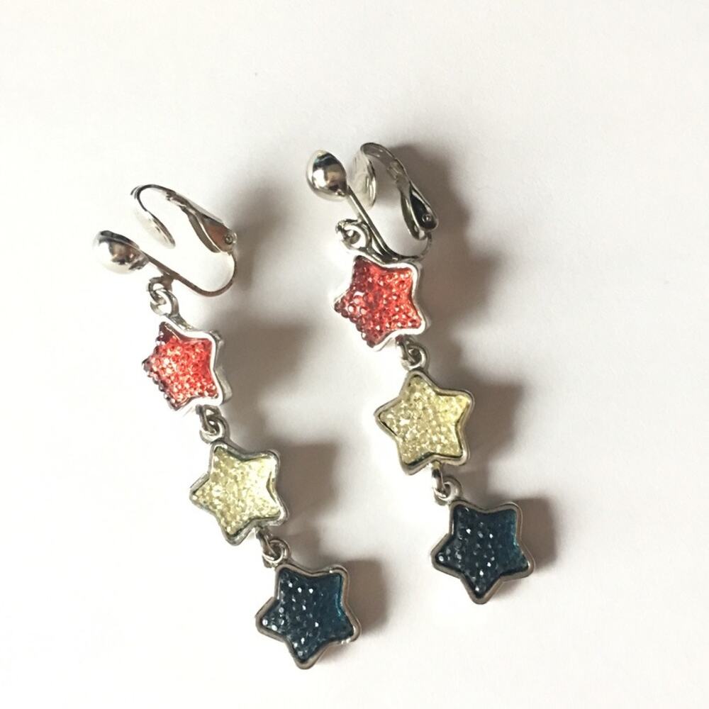 Falling stars red white and blue clip on earrings